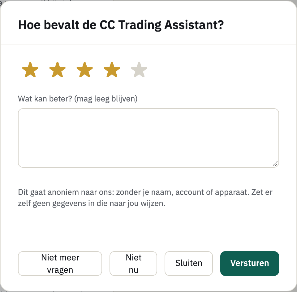 Het venster Hoe bevalt de CC Trading Assistant met vier sterren aangeklikt