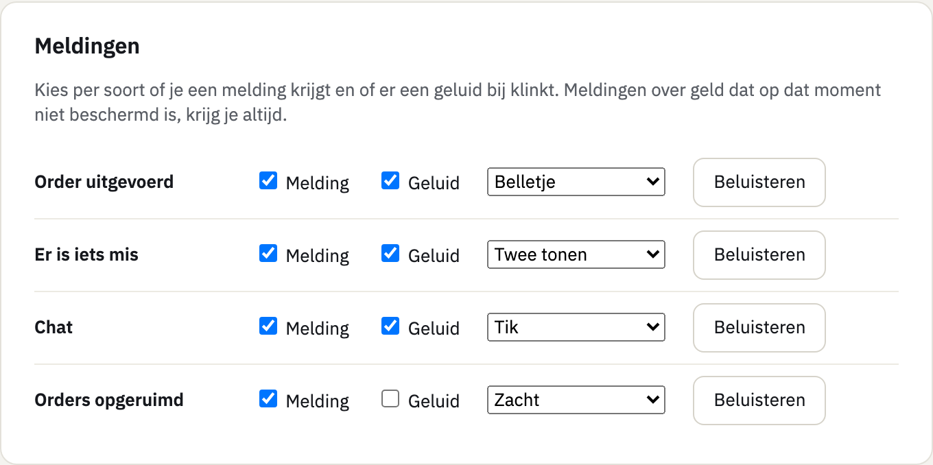De kaart Meldingen met vier rijen: Order uitgevoerd, Er is iets mis, Chat en Orders opgeruimd