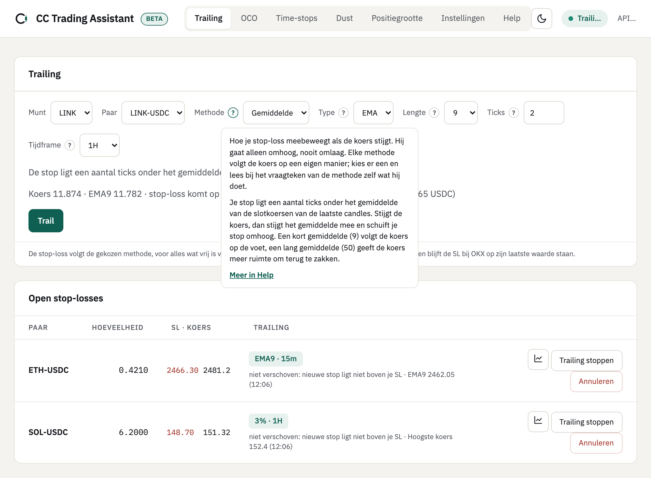 Het tabblad Trailing met een geopend uitlegvenstertje bij Methode