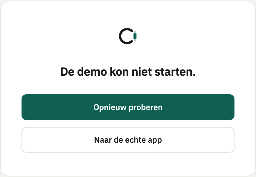 Het scherm De demo kon niet starten met de knoppen Opnieuw proberen en Naar de echte app