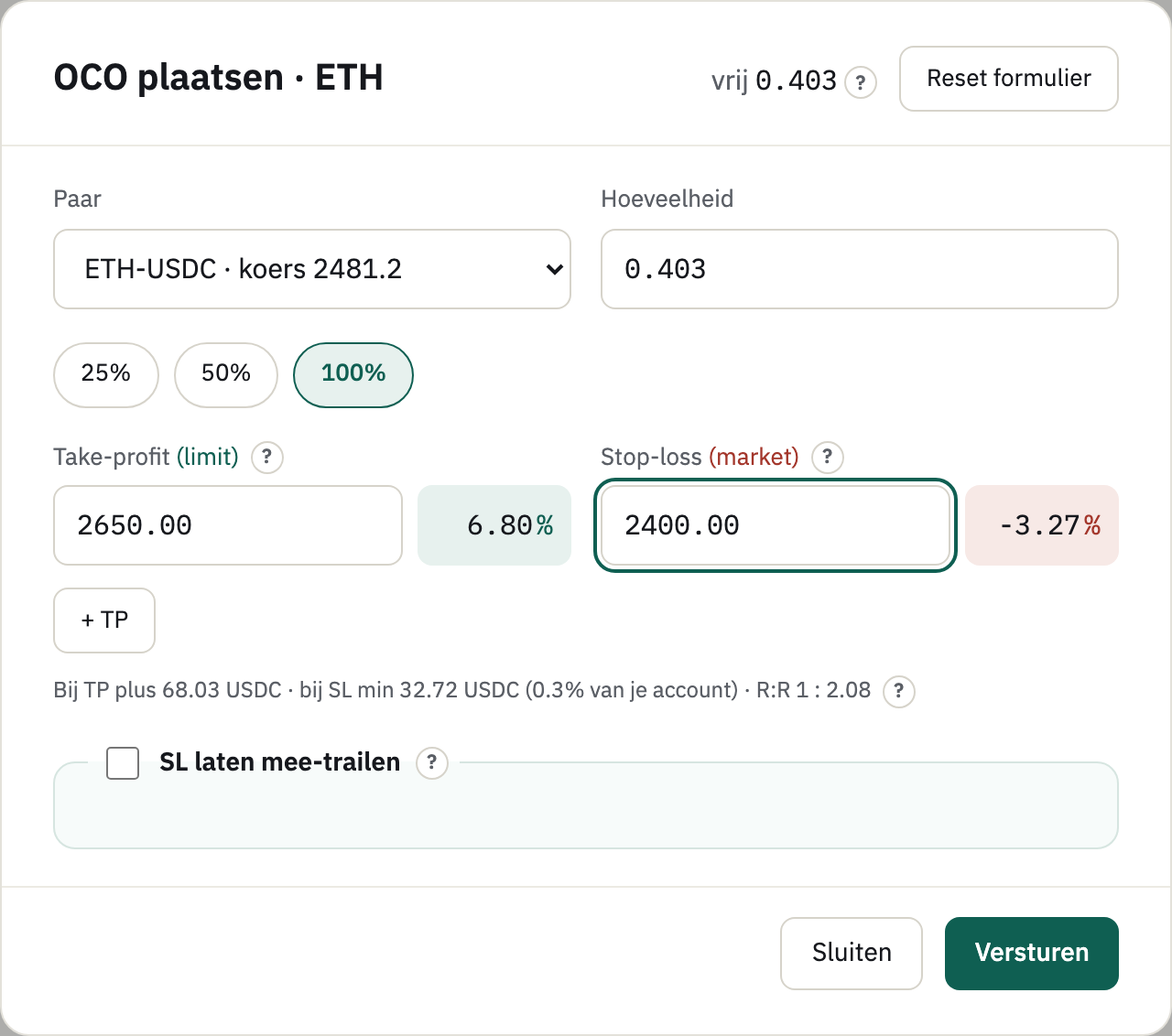 Het OCO-formulier voor ETH met take-profit 2650.00 en stop-loss 2400.00