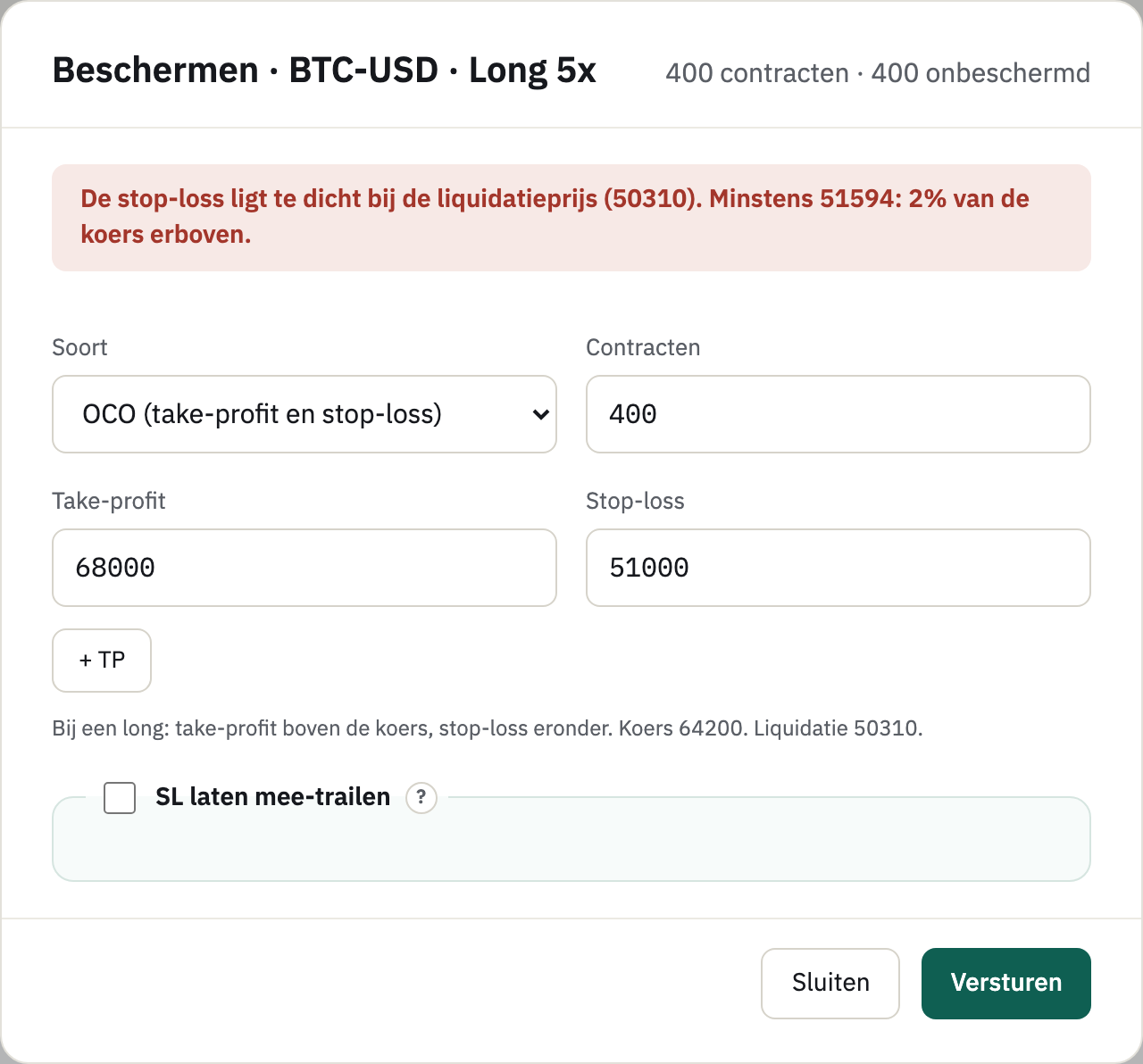 Het formulier Beschermen met een rode melding: de stop-loss ligt te dicht bij de liquidatieprijs 50310, minstens 51594