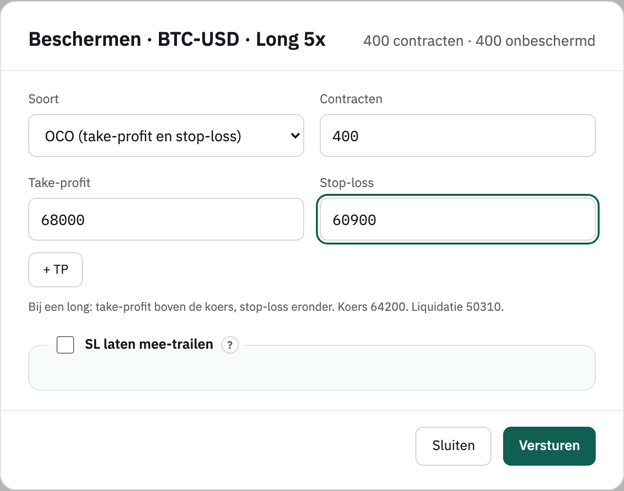 Het formulier Beschermen voor BTC-USD Long 5x met 400 contracten, take-profit 68000 en stop-loss 60900