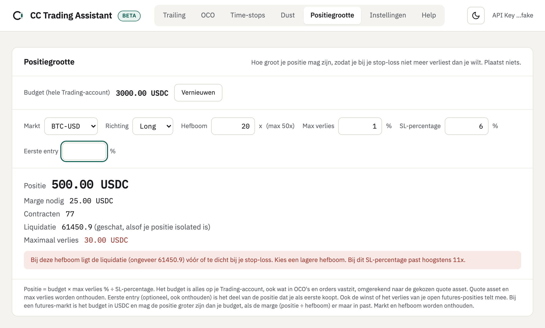 Positiegrootte met BTC-USD long, hefboom 20, SL-percentage 6: positie 500.00 USDC, liquidatie 61450.9 en een rode melding dat de liquidatie voor of te dicht bij de stop-loss ligt, met hoogstens 11x