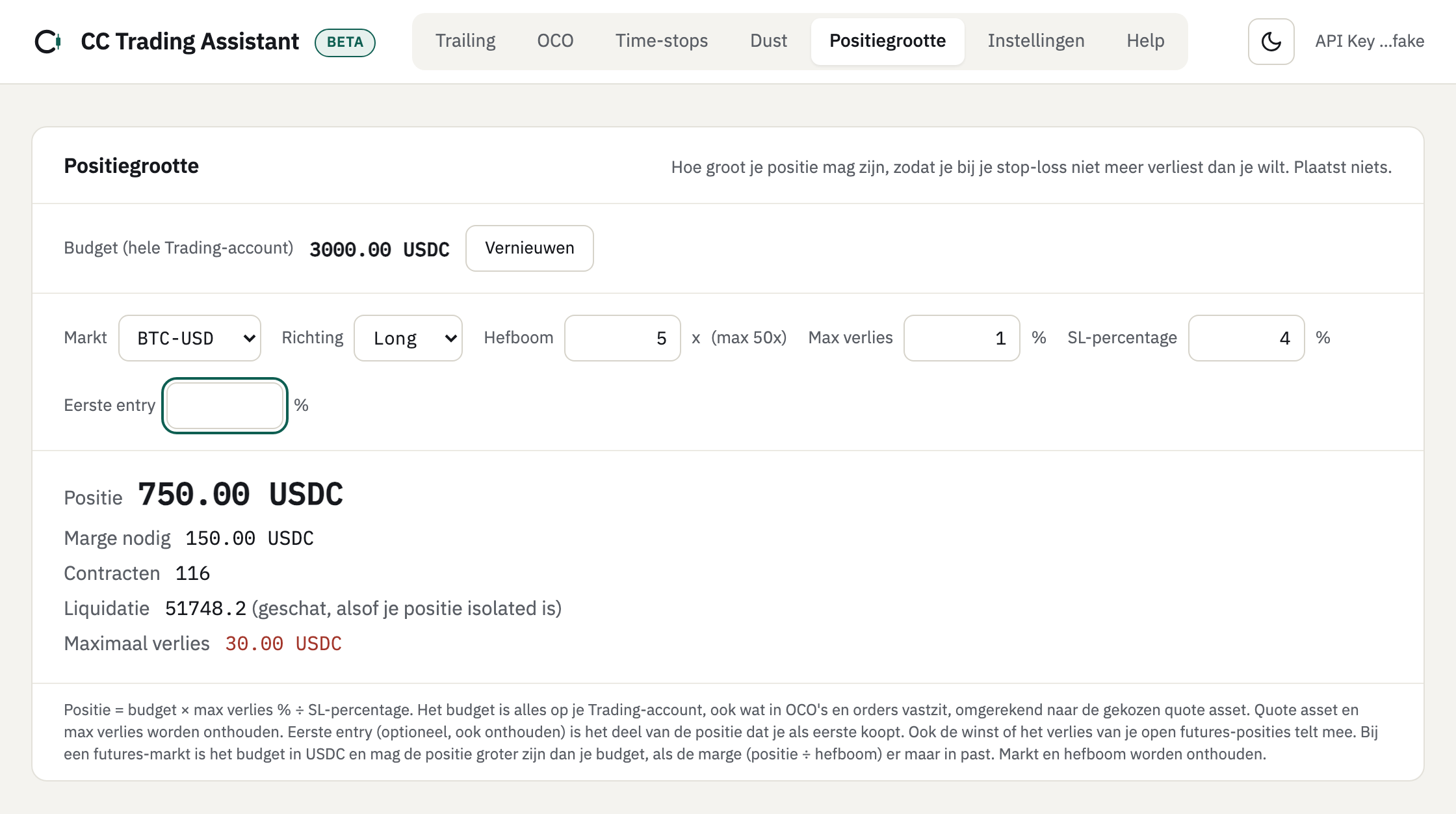 Positiegrootte met markt BTC-USD, long, hefboom 5 (max 50x): positie 750.00 USDC, marge nodig 150.00 USDC, 116 contracten, liquidatie 51748.2 en maximaal verlies 30.00 USDC