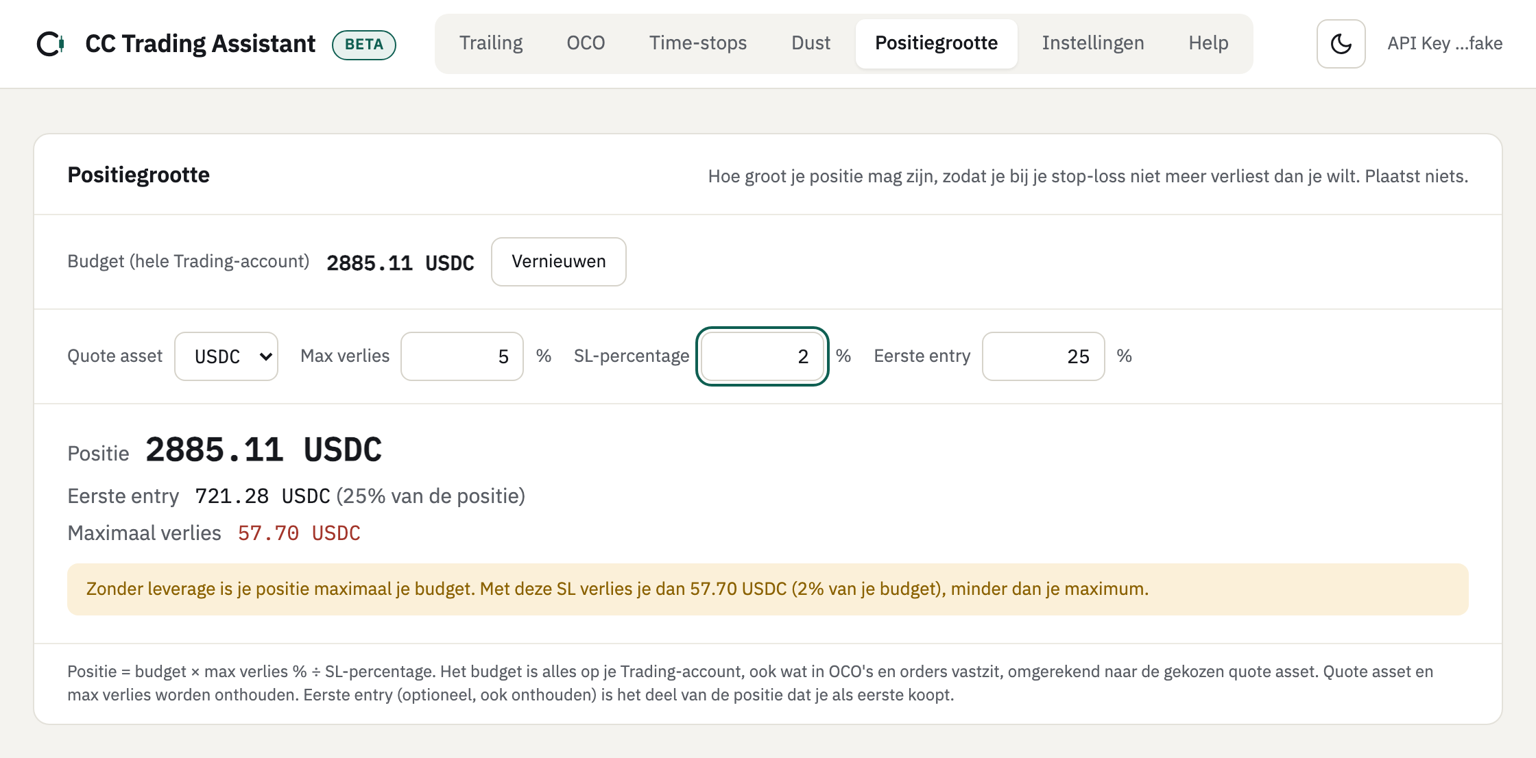 Positiegrootte met max verlies 5 procent en SL 2 procent: de positie is beperkt tot het budget van 2885.11 USDC, met een gele waarschuwing