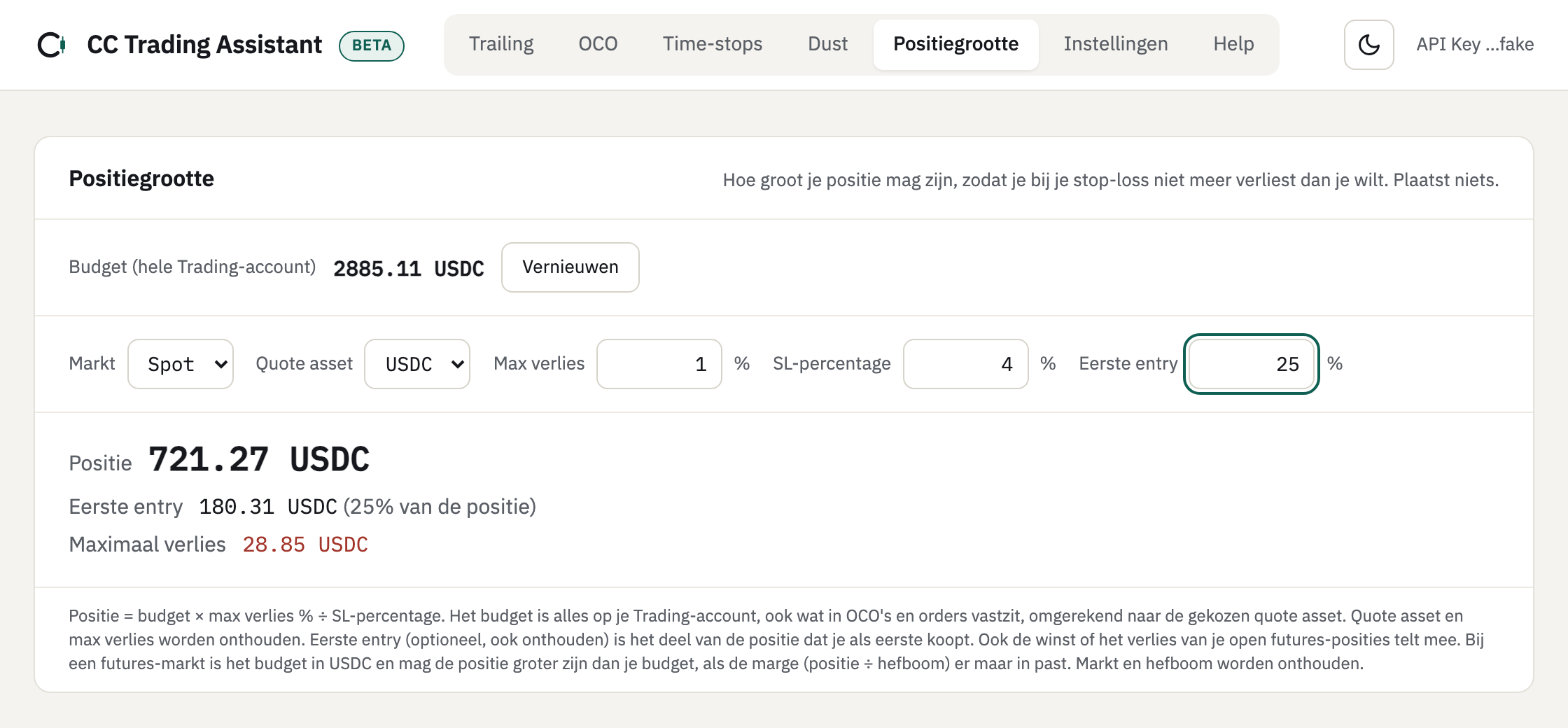 Het tabblad Positiegrootte met budget 2885.11 USDC, max verlies 1 procent, SL-percentage 4 procent, eerste entry 25 procent en de uitkomst: positie 721.27 USDC