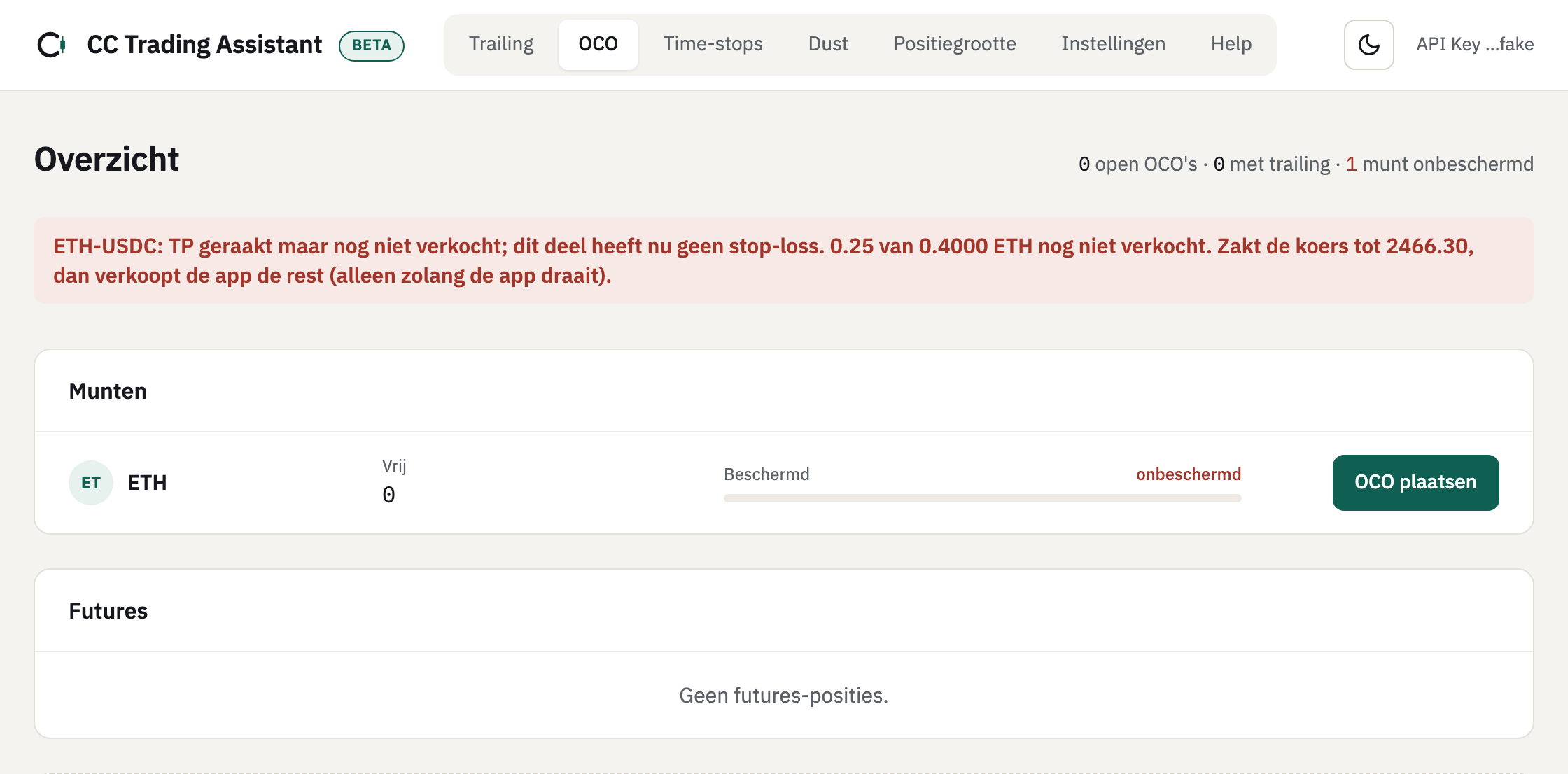 Het tabblad OCO met een rode regel dat de TP van ETH geraakt is maar 0.25 van 0.4000 ETH nog niet verkocht is